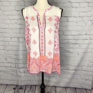 Lucky Brand Pink Off White Sleeveless Ikat Print Peasant Tunic Top Medium